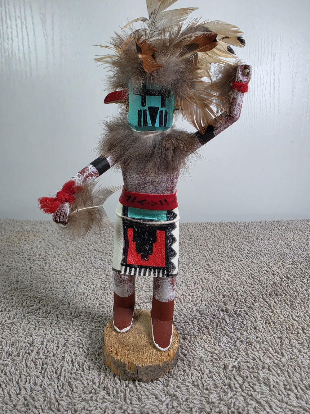 Hand-Painted Feather Kachina Doll - Turquoise Mask, Red & Black Details